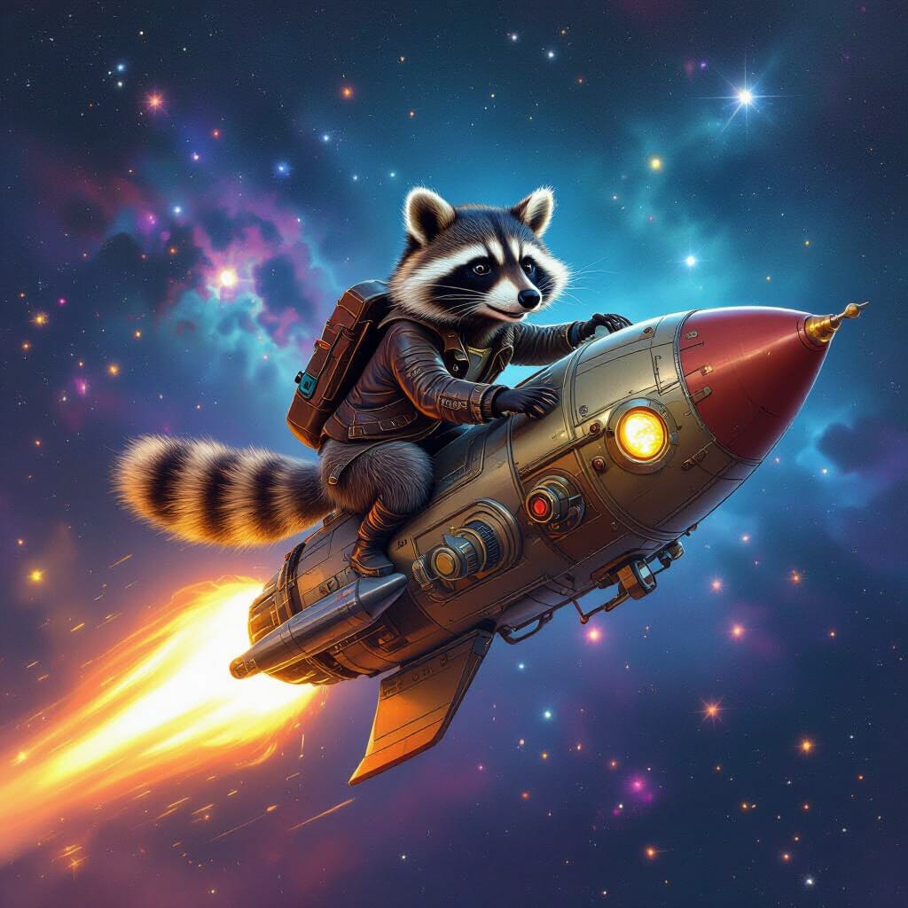 Raccoon Riding a Rocket – Vinyl Sticker – 4" by 4"